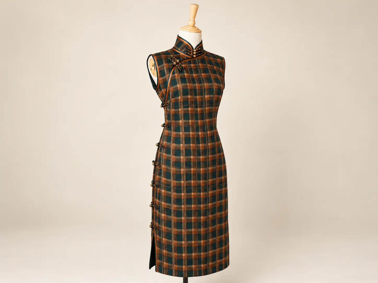 Cheongsam contemporáneo hecho de tela tartán en Hong Kong