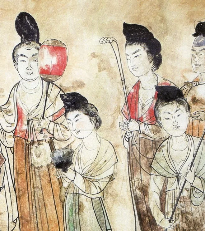 Mujeres músicas con ropa histórica en una pintura china