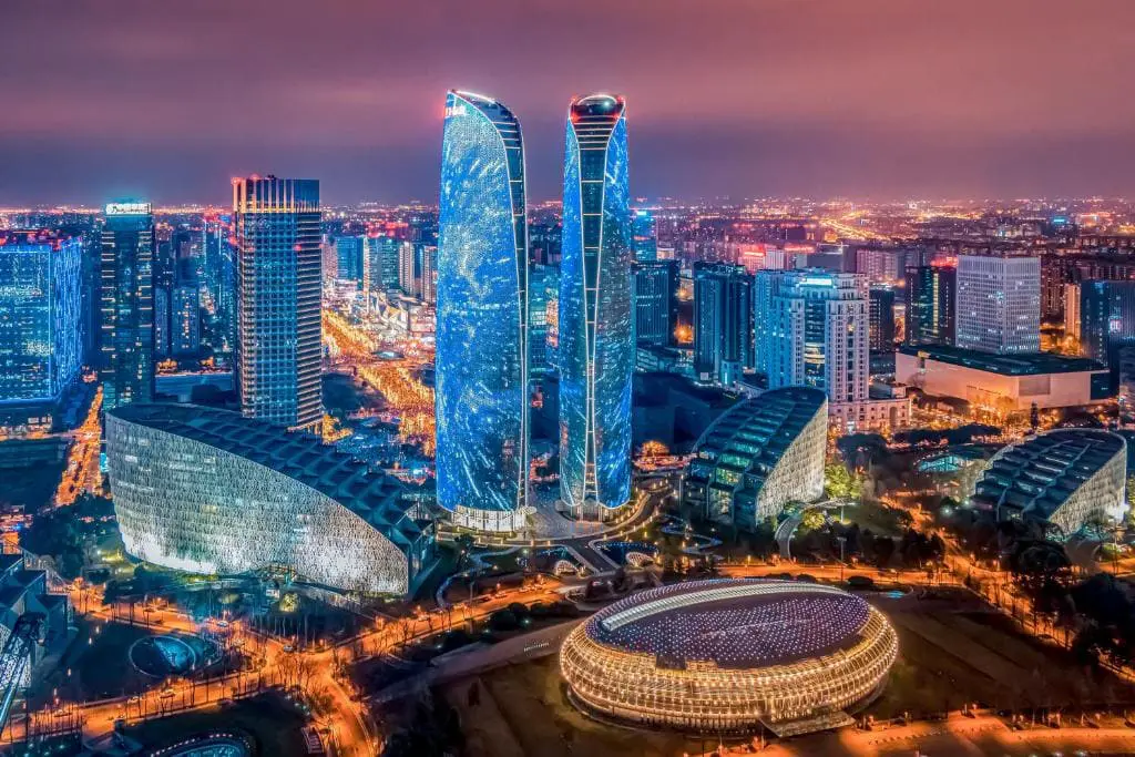 Chengdu skyline at night with illuminated twin towers