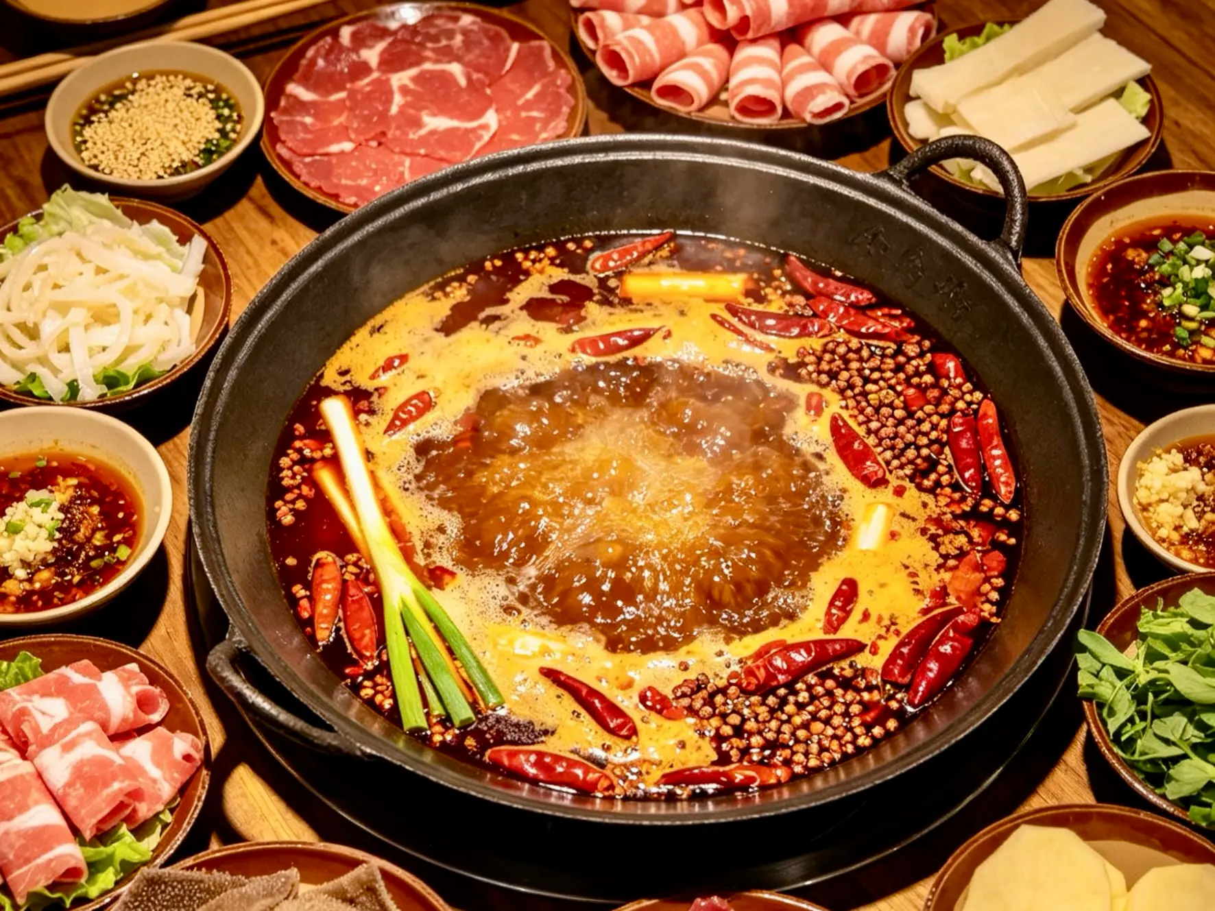 A shared Chinese meal with vegetable, meat, tofu and staple-food dishes