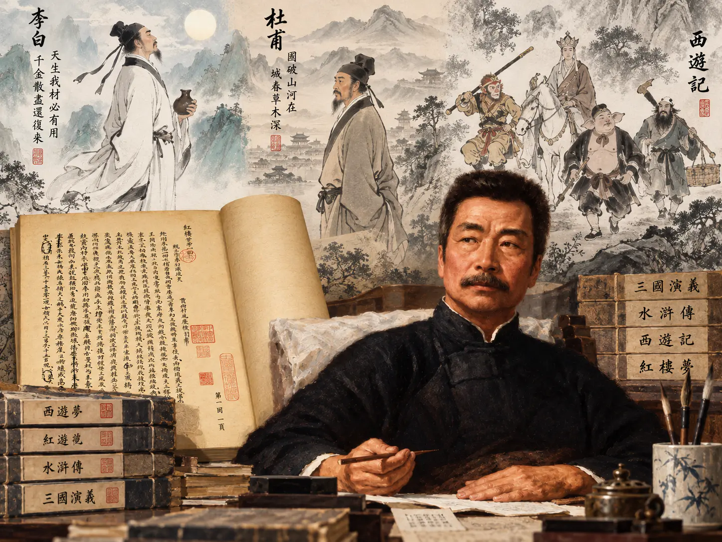 Editorial montage of Chinese book culture, illustrated fiction and modern writer Lu Xun
