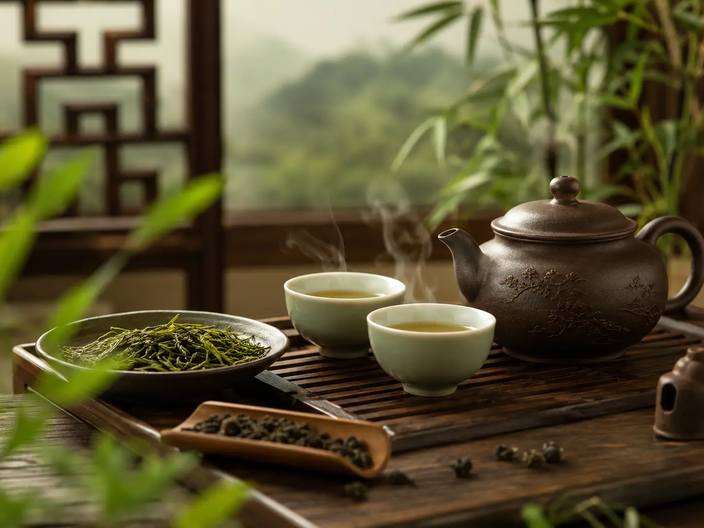 Chinese teapot and steaming tea cups on a wooden tea tray
