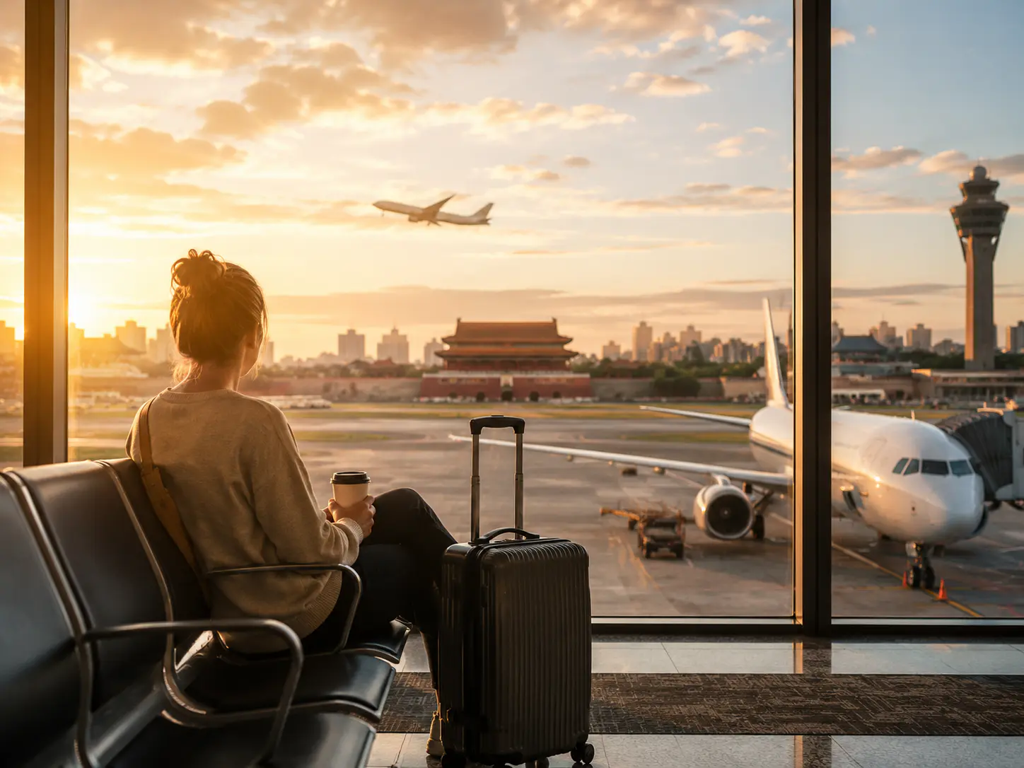 Traveler with suitcase in an airport lounge looking toward the tarmac