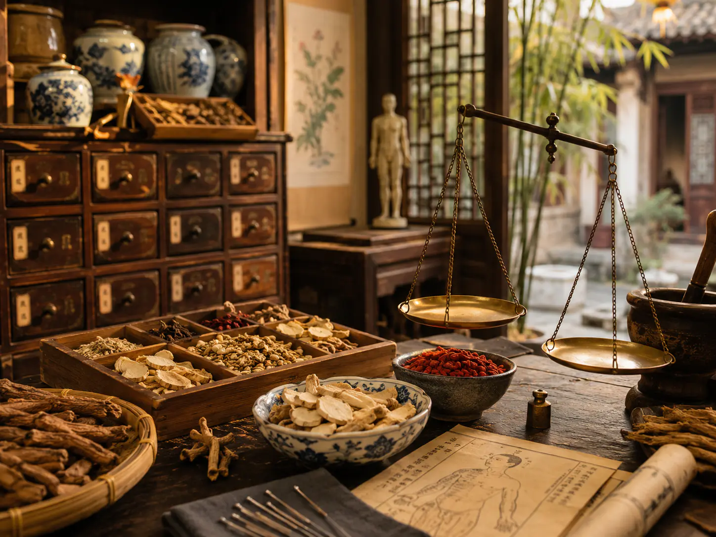 Traditional Chinese medicine herbs, scale and acupuncture tools