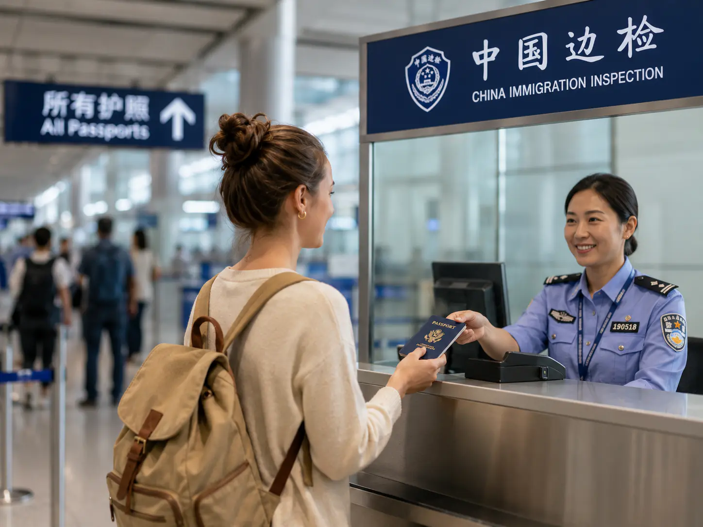 Traveler handing a passport at China Immigration Inspection
