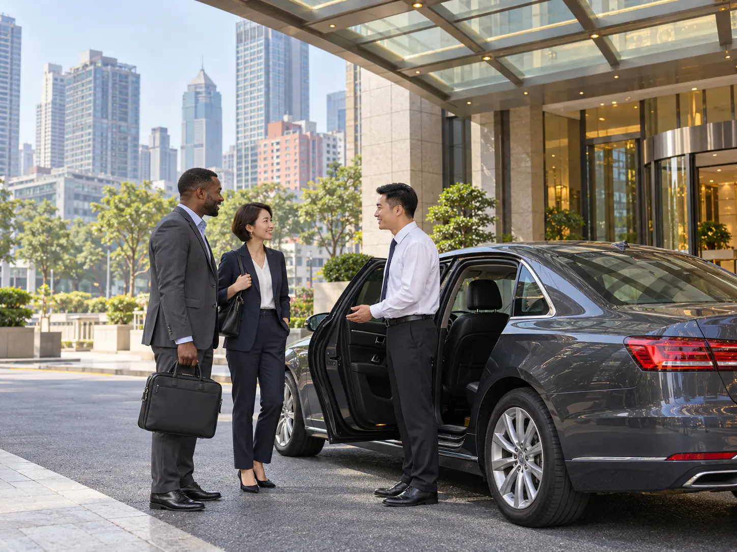 Ein chinesischer Fahrer begrüßt zwei Geschäftsreisende neben einer Limousine auf der Auffahrt eines Wuhaner Hotels.