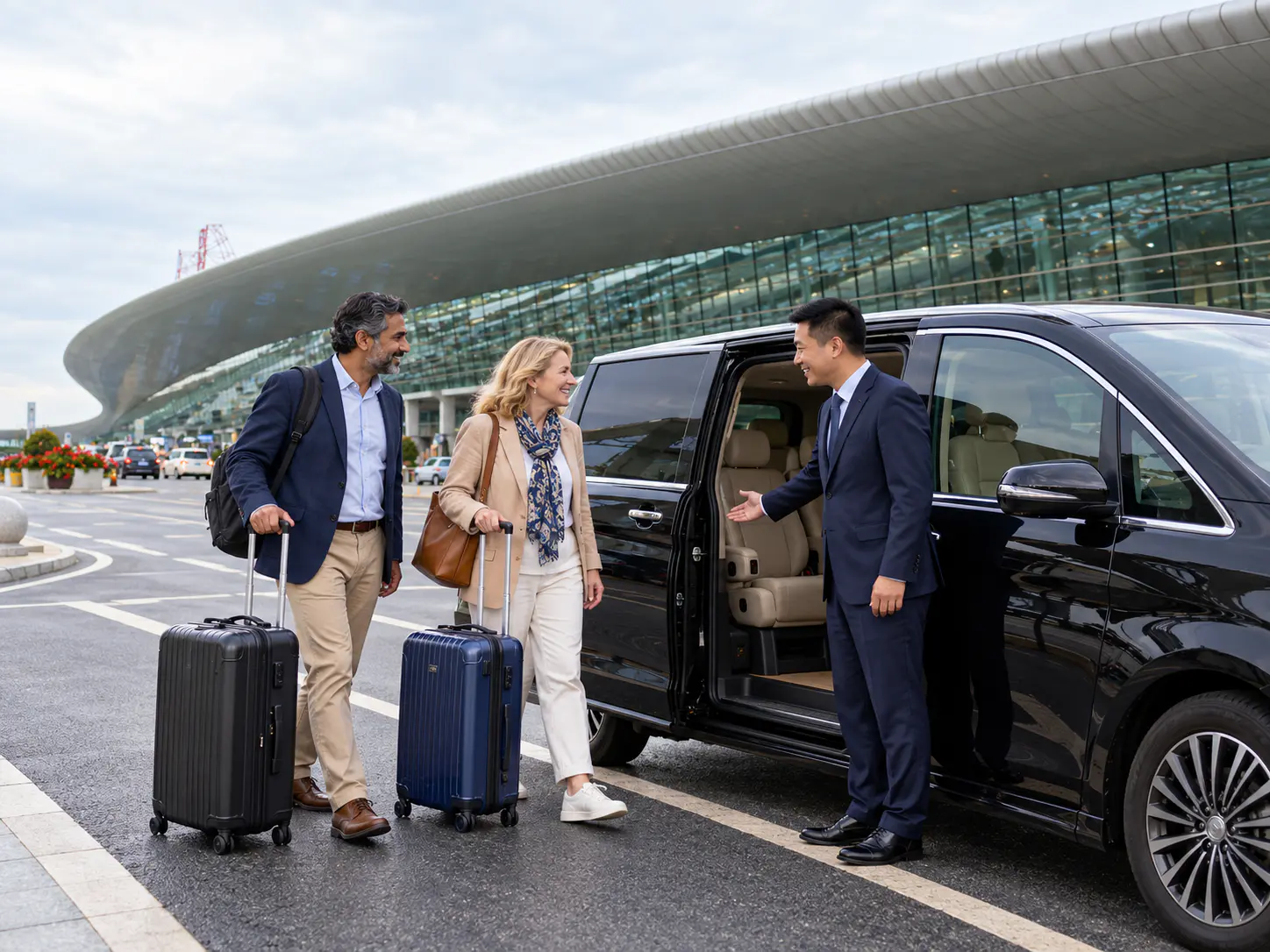 Ein Fahrer begrüßt zwei Reisende mit Koffern neben einem schwarzen Van vor dem Wuhan Tianhe-Flughafen.