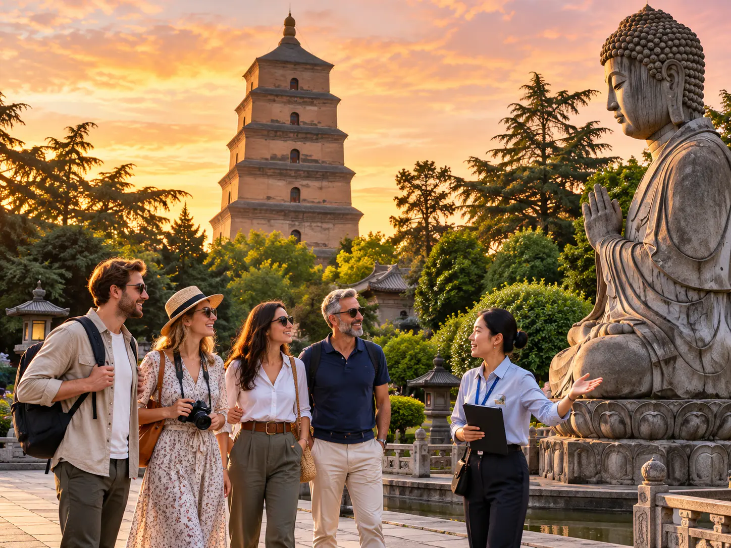 Vier internationale Touristen erkunden das Gebiet um die Große Wildganspagode mit einem einheimischen Gastgeber während der goldenen Stunde des Sonnenuntergangs.