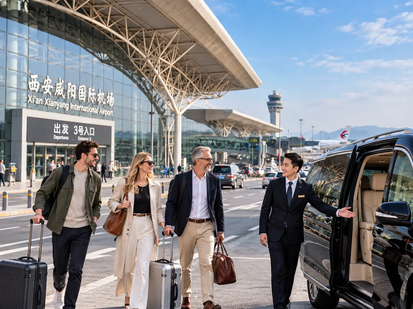 Drei internationale Passagiere mit Gepäck treffen ihren Chauffeur neben einem schwarzen Privatvan außerhalb des Xi'an Xianyang International Airport.