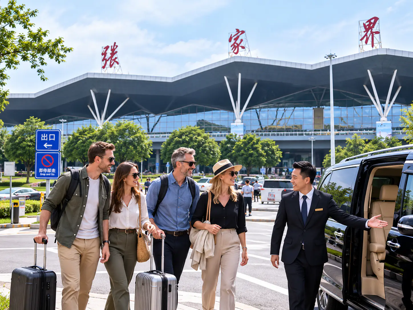 Four international travelers with luggage meet their private chauffeur beside a black van outside Zhangjiajie Airport.