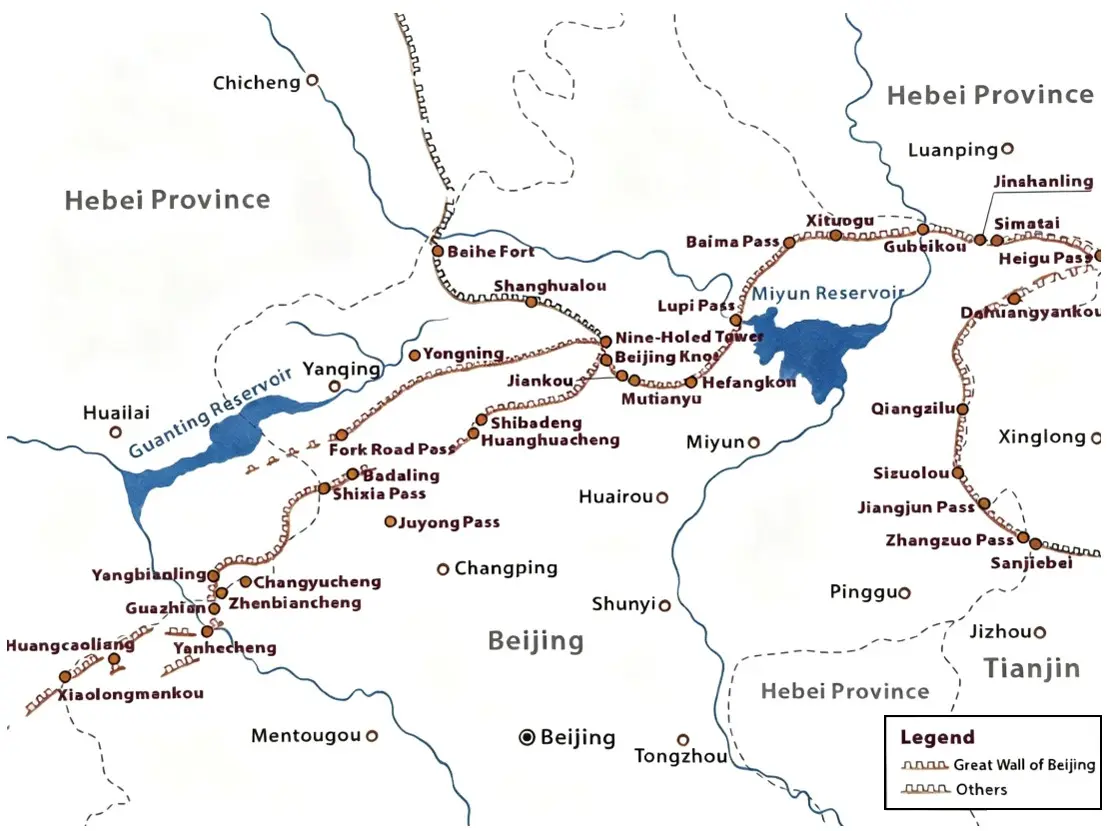 Labeled regional map of the Great Wall of Beijing. Mutianyu is shown in the central cluster between Jiankou, Beijing Knot, Hefangkou and Lupi Pass; well-known alternates Badaling, Juyong Pass and the western passes lie to the southwest, and Jinshanling, Simatai, Gubeikou, Baima Pass and Damiangyankou lie to the northeast, with Hebei province on either side and the Guanting and Miyun reservoirs marked.