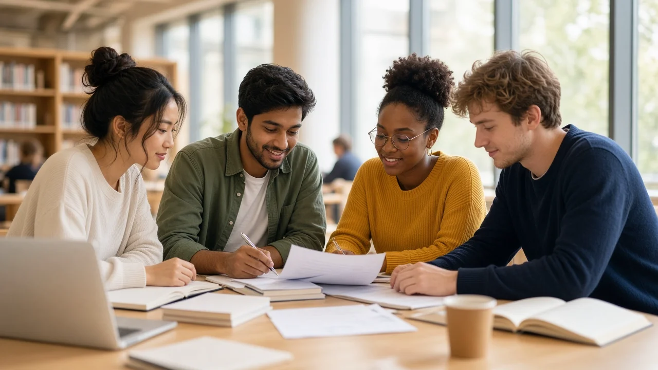 International students studying together on a modern university campus